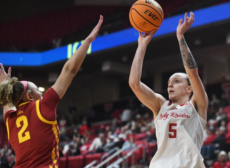 Texas Tech's Denae Fritz shoots against Iowa State in a Big 12 women's basketball game Wednesday, Jan. 28, 2026, at United Supermarkets Arena.