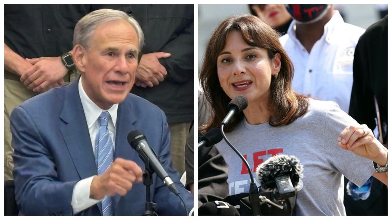 Gov. Greg Abbott and Texas state Rep. Gina Hinojosa, D-Austin, District 49.