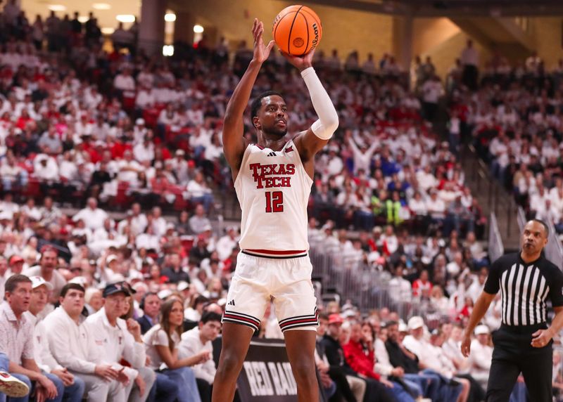 Texas Tech's Donovan Atwell shoots a 3-pointer against Kansas during a Big 12 Conference men's basketball game, Monday, Feb. 2, 2026, in United Supermarkets Arena.