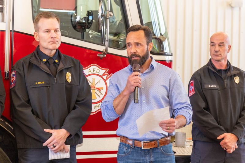 Mayor Cole Stanley speaks during a dedication ceremony Wednesday, Feb. 4, 2026, at Amarillo Fire Station No. 9 marking the opening of the city’s first Safe Haven Baby Box.