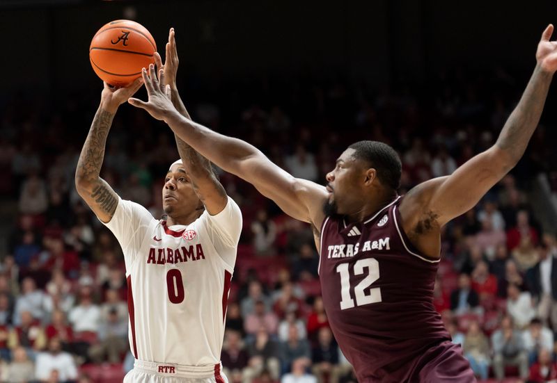Feb 4, 2026; Tuscaloosa, AL, USA; Alabama guard Latrell Wrightsell Jr. (3) hits a three pointer as Texas A&M forward Rashaun Agee (12) defends the shot at Coleman Coliseum. Mandatory Credit: Gary Cosby Jr.-Tuscaloosa News