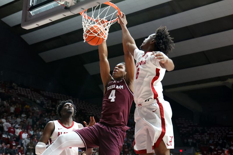 Feb 4, 2026; Tuscaloosa, Alabama, USA; Texas A&M Aggies forward Jamie Vinson (4) dunks against Alabama Crimson Tide forward London Jemison (6) during the first half at Coleman Coliseum. Mandatory Credit: David Leong-Imagn Images