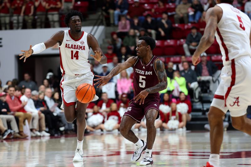 Feb 4, 2026; Tuscaloosa, Alabama, USA; Texas A&M Aggies guard Jacari Lane (5) passes against Alabama Crimson Tide center Charles Bediako (14) during the first half at Coleman Coliseum. Mandatory Credit: David Leong-Imagn Images