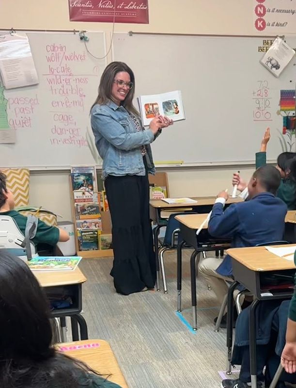 Megan Kenlline teaches her second-grade class at Founders Classical Academy in Lewisville, Texas.