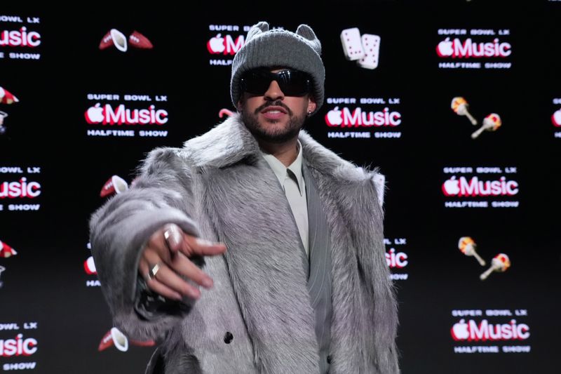 Bad Bunny is pictured speaking during the Super Bowl 60 halftime show news conference at the Moscone Center in San Francisco on Feb. 5, 2026.