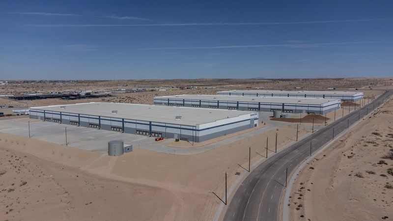 Warehouses are seen in a drone photo at a site where the Department of Homeland Security plans to build a massive new immigration detention center in Clint, Texas, Feb. 6, 2025. A document released by Aarón Torres of the Dallas Morning Star says DHS paid $122 million for the property.