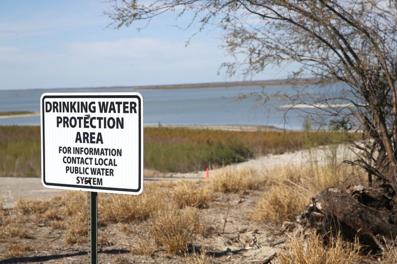 A drinking water protection sign is shown near Choke Canyon Reservoir South Shore dam on Feb. 8.