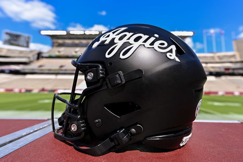 Oct 4, 2025; College Station, Texas, USA; A detail view of a Texas A&M Aggies helmet on the sideline prior to the game against the Mississippi State Bulldogs at Kyle Field. Mandatory Credit: Maria Lysaker-Imagn Images