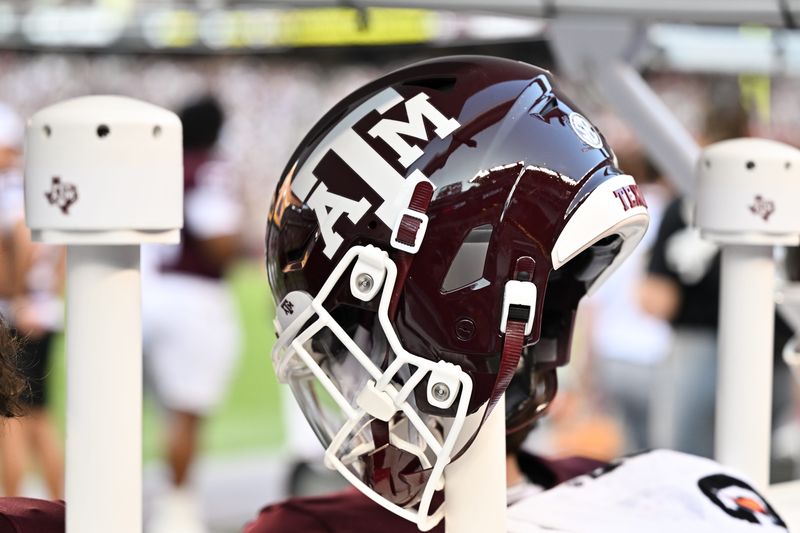 Sep 21, 2024; College Station, Texas, USA; A detail view of a Texas A&M Aggies helmet on the sideline during the game against the Bowling Green Falcons at Kyle Field. Mandatory Credit: Maria Lysaker-Imagn Images.
