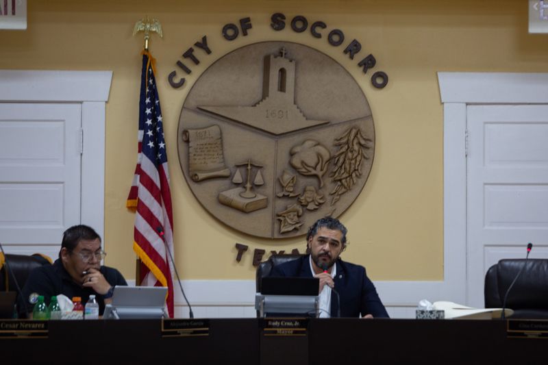 Socorro Mayor Rudy Cruz Jr. presides over the special session of the City Council on Feb. 11, 2026, where residents spoke out against a planned ICE detention facility in the community east of El Paso.