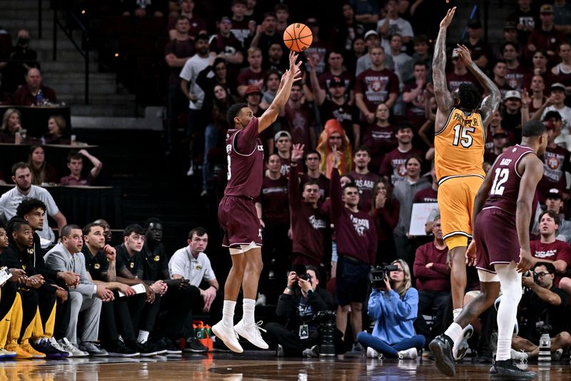Feb 11, 2026; College Station, Texas, USA; Texas A&M Aggies guard Rylan Griffen (3) shoots a three point basket during the first half against the Missouri Tigers at Reed Arena. Mandatory Credit: Maria Lysaker-Imagn Images
