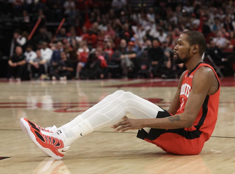 Feb 11, 2026; Houston, Texas, USA; Houston Rockets forward Kevin Durant (7) reacts to his basket against the Los Angeles Clippers in the second half at Toyota Center. Mandatory Credit: Thomas Shea-Imagn Images