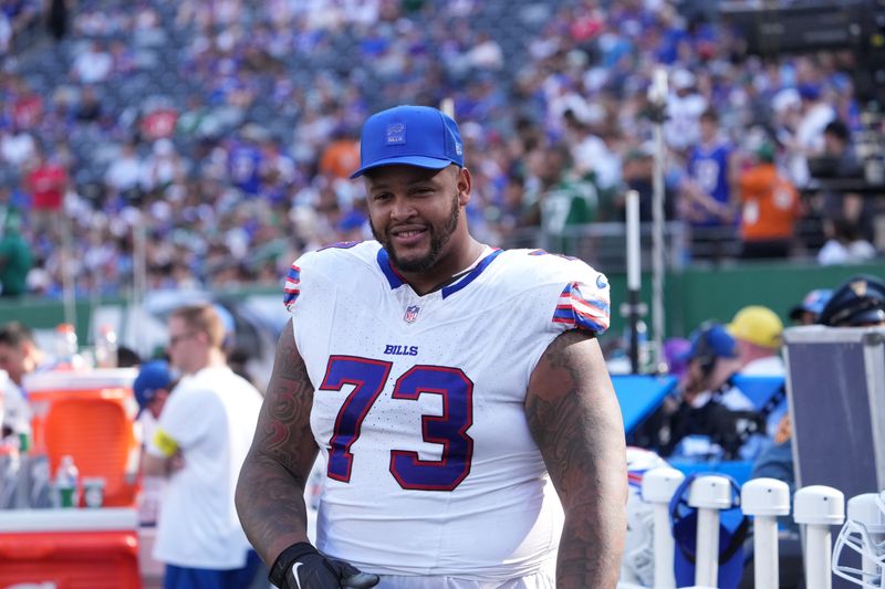 Sep 14, 2025; East Rutherford, New Jersey, USA; Buffalo Bills offensive tackle Dion Dawkins (73) after the game against the New York Jets at MetLife Stadium. Mandatory Credit: Robert Deutsch-Imagn Images