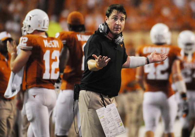 Sep 19, 2009; Austin, TX, USA; Texas Longhorns defensive coordinator Will Muschamp discusses a call with officials in a game against the Texas Tech Red Raiders during the second half at Texas Memorial Stadium. Texas beat Texas Tech 34-24. Mandatory Credit: Brendan Maloney-USA TODAY Sports
