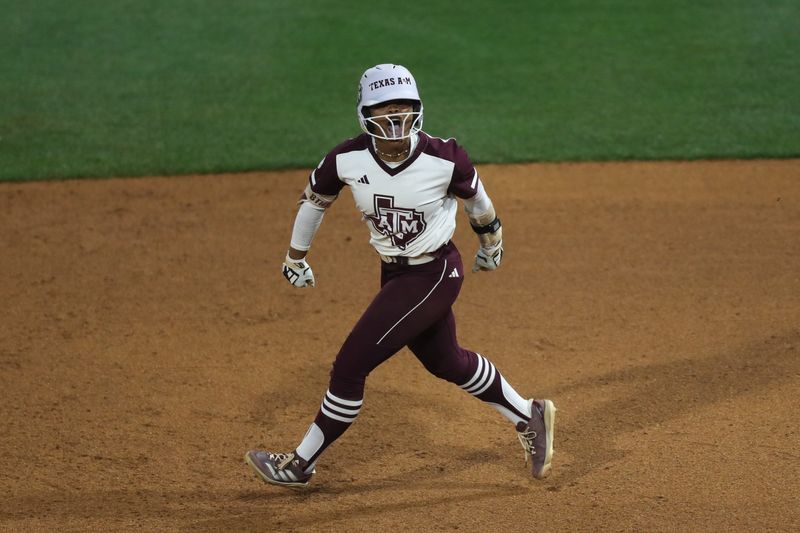 May 8, 2025; Athens, GA, USA; Texas A&M infielder Kennedy Powell (1) reacts to her two-run homer during a game against South Carolina at Jack Turner Stadium. Mandatory Credit: Mady Mertens-Imagn Images