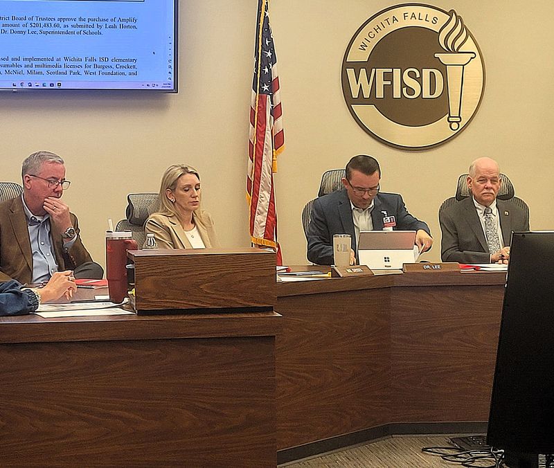 Wichita Falls ISD School Board members listen to a presentation on the purchase of school materials during Monday evening's board meeting on Feb. 16, 2026. The School Board ultimately approved the about $201,484 renewal purchase of the Amplify curriculum.