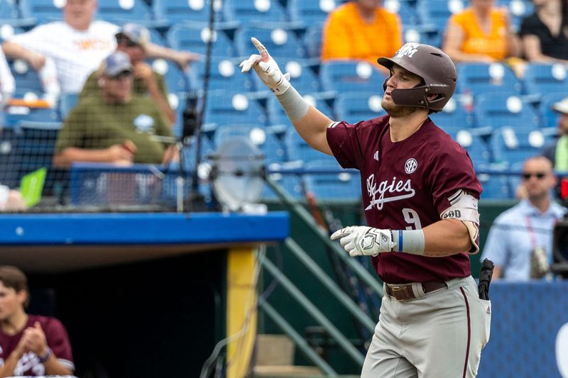 May 23, 2024; Hoover, AL, USA; Texas A&M Aggies utility Gavin Grahovac (9) jogs the bases on a solo home run in the ninth inning against the Tennessee Volunteers during the SEC Baseball Tournament at Hoover Metropolitan Stadium.