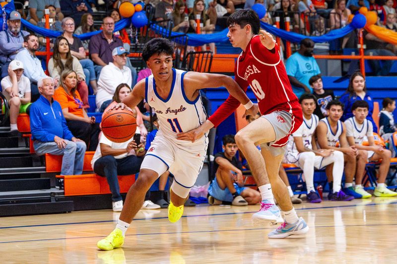 San Angelo Central boys basketball's Cristian Casillas (11) looks to drive by the defense against Odessa High at San Angelo Central High School on Tuesday, Feb. 17, 2025.
