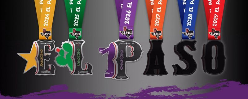 Medals for the Michelob Ultra Marathon include a different letter each year so finishers can eventually spell out E-L-P-A-S-O. The 2026 race features the letter 'P'.