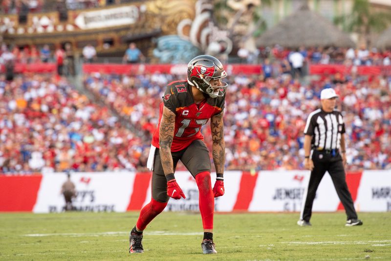Sep 22, 2019; Tampa, FL, USA; Tampa Bay Buccaneers wide receiver Mike Evans (13) awaits the play during the fourth quarter against the New York Giants at Raymond James Stadium.