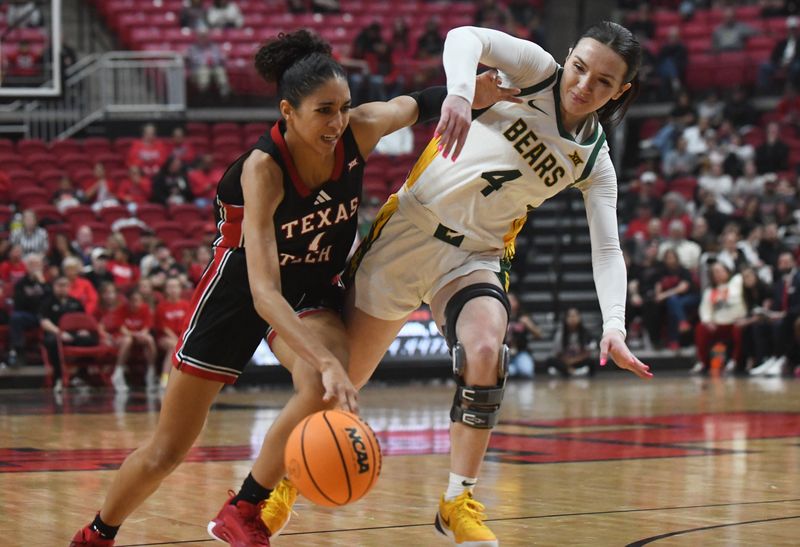 Texas Tech's Jalynn Bristow dribbles against Baylor in a Big 12 women's basketball game Wednesday, Feb. 18, 2026, at United Supermarkets Arena.