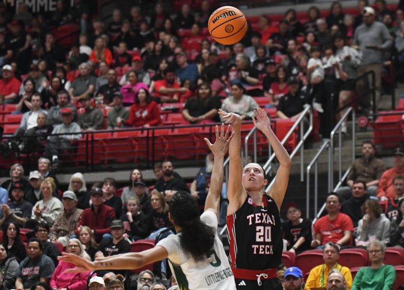 Texas Tech's Bailey Maupin shoots against Baylor in a Big 12 women's basketball game Wednesday, Feb. 18, 2026, at United Supermarkets Arena.