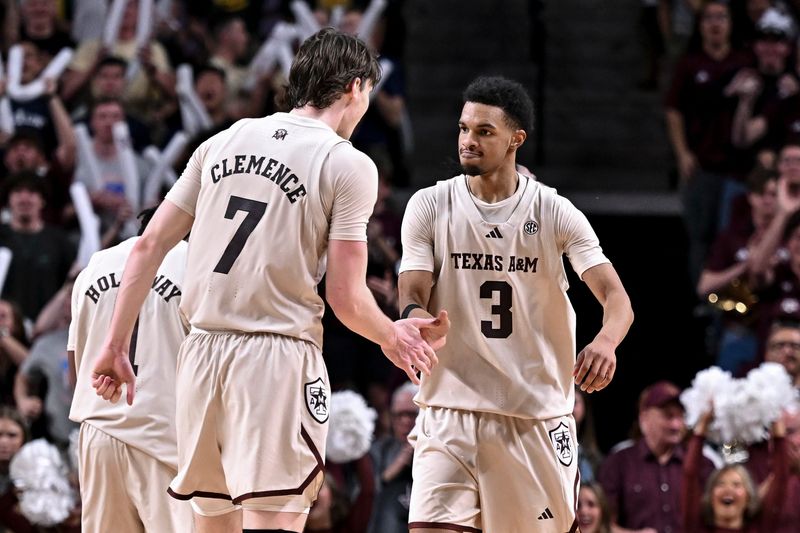 Feb 18, 2026; College Station, Texas, USA; Texas A&M Aggies guard Rylan Griffen (3) reacts during the second half against the Ole Miss Rebels at Reed Arena. Mandatory Credit: Maria Lysaker-Imagn Images