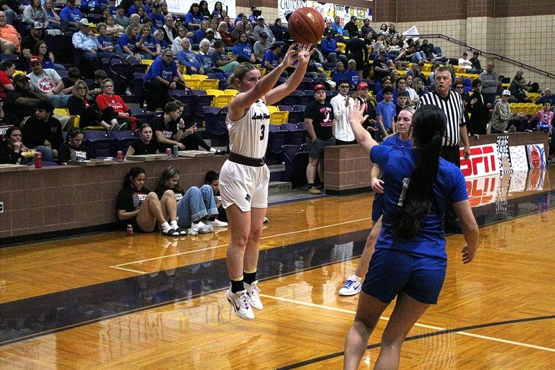 Eula senior Kamryn Franklin shoots a 3-pointer over Westbrook junior Kaydence Rodriguez in the Lady Pirates' game against the Lady Wildcats in the bi-district round of the 1A DI UIL Girls Basketball Playoffs on Tuesday, Feb. 16, at Merkel High School. Eula won 50-38.
