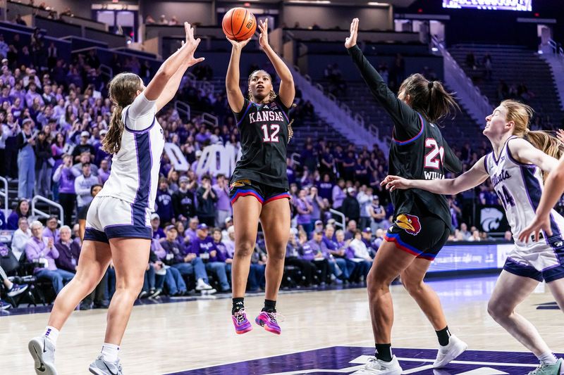 Kansas women's basketball's S'Mya Nichols competes for the Jayhawks against Kansas State on Feb. 21, 2026 in Manhattan, Kansas.