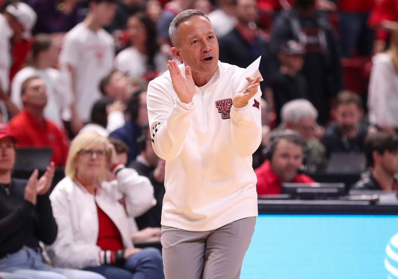 Texas Tech head coach Grant McCasland encourages his team during a Big 12 Conference men's basketball game, Saturday, Feb. 21, 2026, in United Supermarkets Arena.