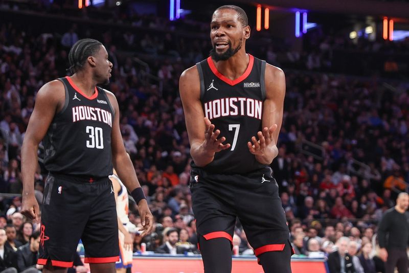 Feb 21, 2026; New York, New York, USA; Houston Rockets forward Kevin Durant (7) reacts to a call in the third quarter against the New York Knicks at Madison Square Garden. Mandatory Credit: Wendell Cruz-Imagn Images