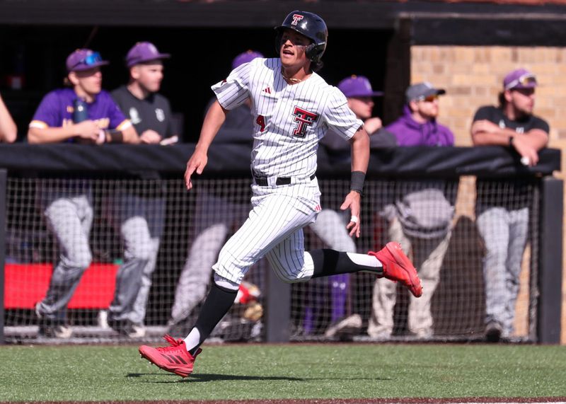 Texas Tech's Linkin Garcia scores a run against UAlbany during a non-conference baseball game, Sunday, Feb. 22, 2026, at Rip Griffin Park.