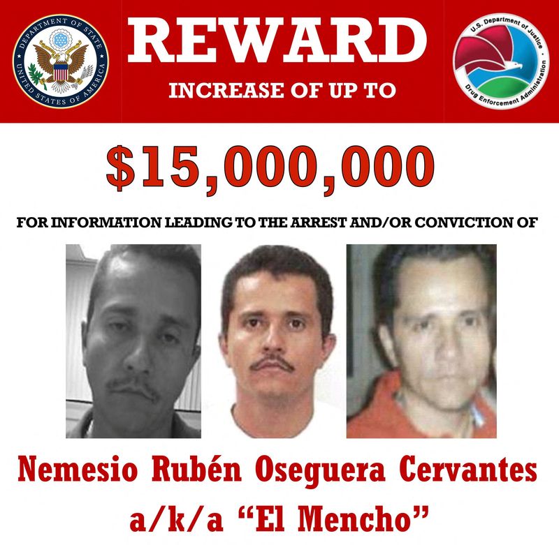 Mexican drug lord Nemesio Oseguera Cervantes, also known as "El Mencho," appears in a wanted poster on the State Department website with a $15 million reward offered for information leading to his arrest.