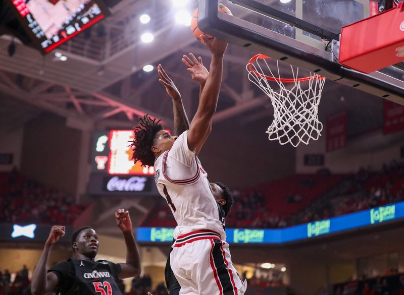 Texas Tech's Christian Anderson goes up for the layup against Cincinnati during a Big 12 Conference men's basketball game, Tuesday, Feb. 24, 2026, in United Supermarkets Arena.