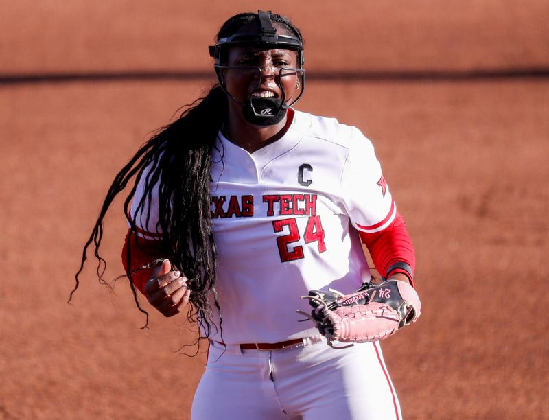 Texas Tech pitcher NiJaree Canady reacts to a strikeout against Abilene Christian during a Division I non-conference softball game, Thursday, Feb. 26, 2026, at Rocky Johnson Field.