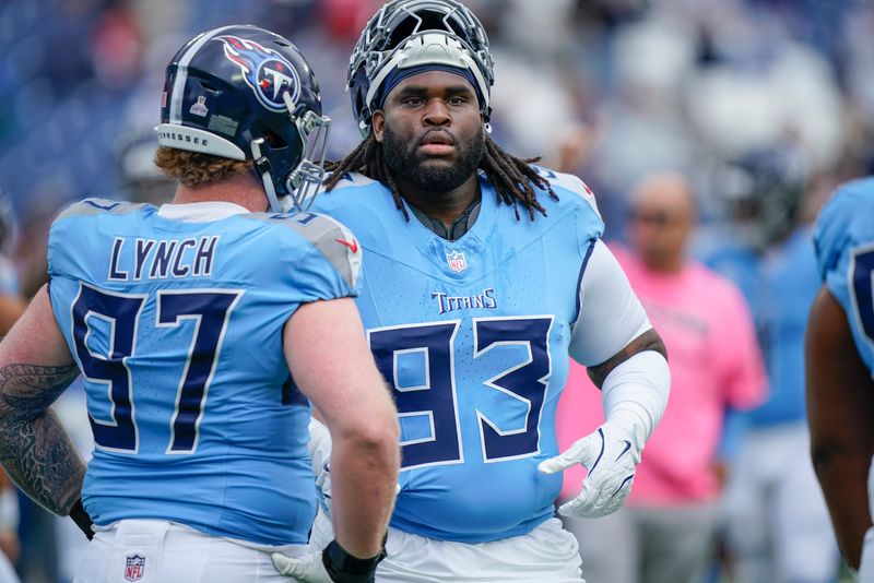 Tennessee Titans defensive tackle T'Vondre Sweat (93) returned to the field against the New England Patriots during the first quarter at Nissan Stadium in Nashville, Tenn., Sunday, Oct. 19, 2025.