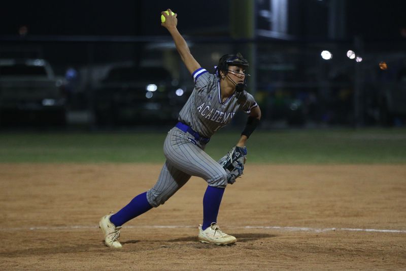 Santa Gertrudis Academy pitcher Lexi Ruiz delivers a pitch during a tournament softball game against Tuloso-Midway at Carroll High School on Feb. 26, 2026.