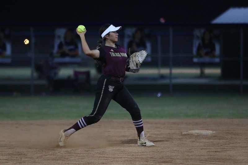 Tuloso-Midway's Elyssa Bazan throws to first after fielding a ground ball during a tournament softball game against Santa Gertrudis Academy at Carroll High School on Feb. 26, 2026.