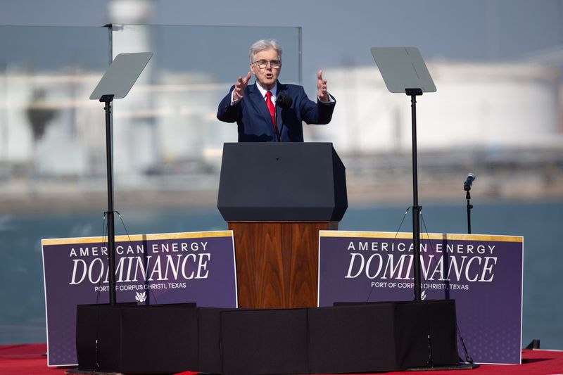 Texas Lt. Gov. Dan Patrick speaks to a crowd at the Port of Corpus Christi in Corpus Christi, Texas, on Feb. 27, 2026.