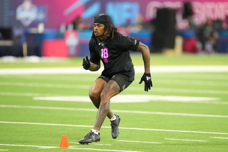 Feb 27, 2026; Indianapolis, IN, USA; Texas A&M defensive back Will Lee III (DB18) during the NFL Scouting Combine at Lucas Oil Stadium. Mandatory Credit: Kirby Lee-Imagn Images