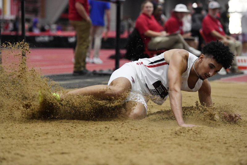 Texas Tech’s Zaid Latif competes in the long jump during the Big 12 indoor track and field championship, Friday, Feb. 27, 2026, at the Sports Performance Center.