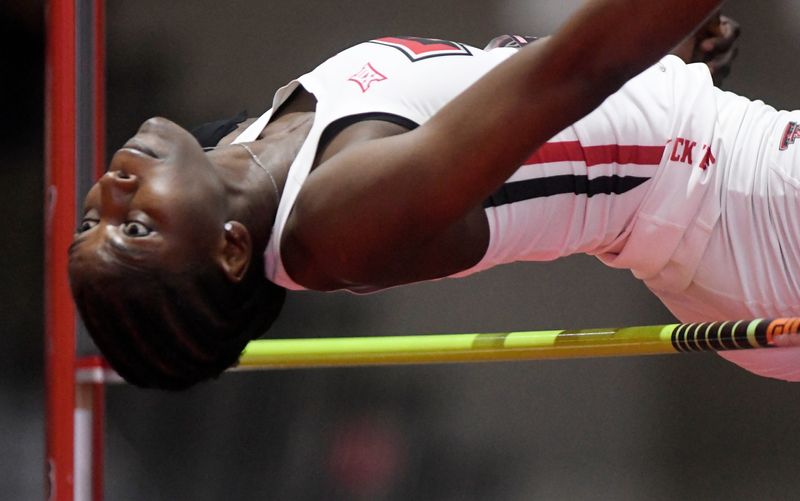 Texas Tech’s Temitope Adeshina competes in the high jump during the Big 12 indoor track and field championships, Friday, Feb. 27, 2026, at the Sports Performance Center. Adeshina won by clearing 6 feet, 5 inches.