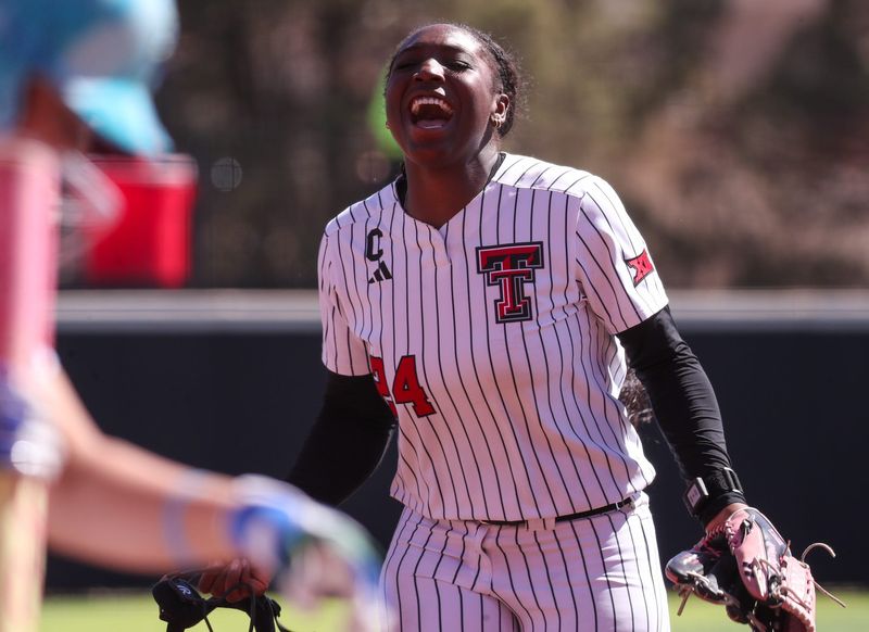 Texas Tech's NiJaree Canady reacts to her game-ending strikeout to finish off a no-hitter against Texas A&M-Corpus Christi, Saturday, Feb. 28, 2026, at Rocky Johnson Field.