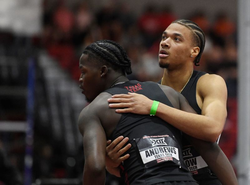 Texas Tech’s Antoine Andrews, left, and Texas Tech’s Malachi Snow embrace while they wait for the 60-meter hurdles times at the Big 12 indoor track and field championship, Saturday, Feb. 28, 2026, at the Sports Performance Center.