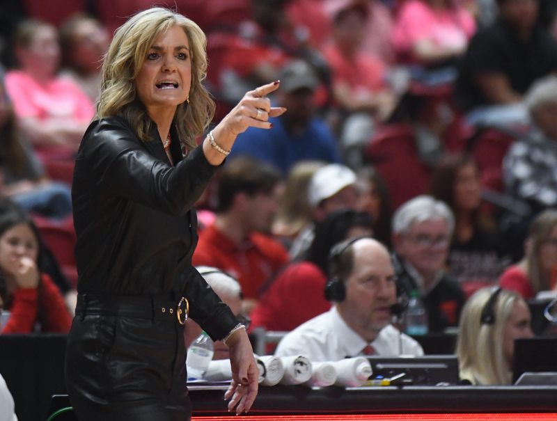 Texas Tech women's basketball coach Krista Gerlich instructs her team against Arizona State in a Big 12 game Sunday, March 1, 2026, at United Supermarkets Arena.