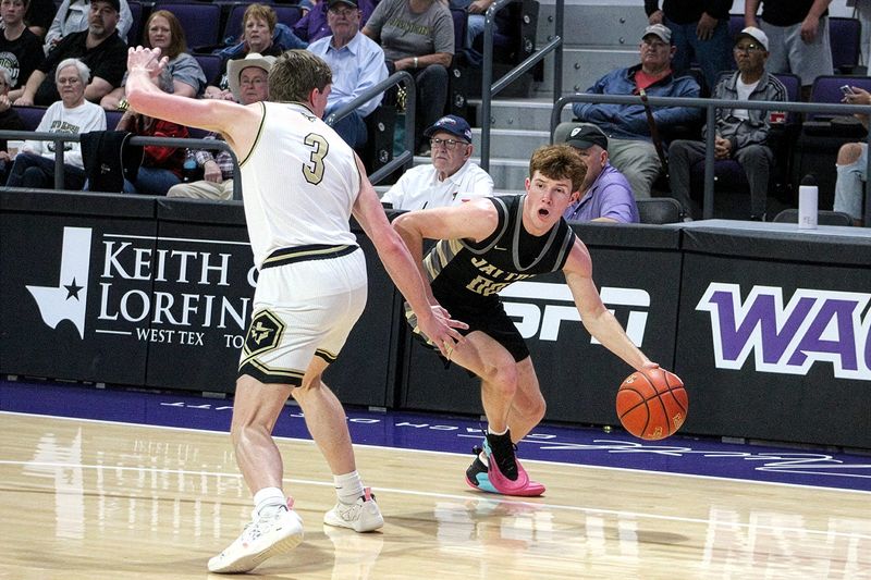 Jayton junior Tucker Scott drives past Gordon senior Stryker Reed during the Jaybirds' game against the Longhorns in the area round of the 1A DII UIL Boys Basketball Playoffs on Friday, Feb. 27, at ACU's Moody Coliseum in Abilene. Jayton won 47-42 in overtime.