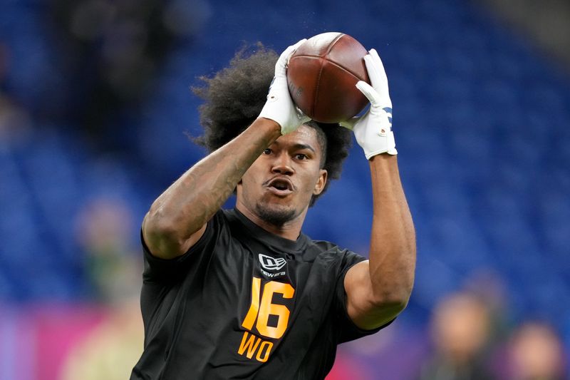 Feb 28, 2026; Indianapolis, IN, USA; Texas A&M wideout KC Concepcion (WO16) during the NFL Scouting Combine at Lucas Oil Stadium. Mandatory Credit: Kirby Lee-Imagn Images