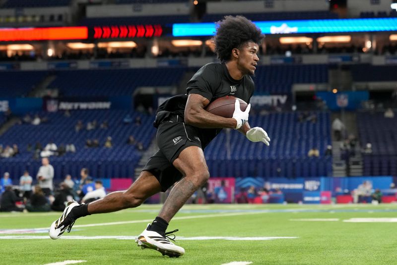 Feb 28, 2026; Indianapolis, IN, USA; Texas A&M wideout KC Concepcion (WO16) during the NFL Scouting Combine at Lucas Oil Stadium. Mandatory Credit: Kirby Lee-Imagn Images