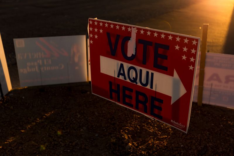 “Vote Here” signs point to the Marty Robbins Recreation Center polling site during the 2026 Texas Primary Election on Tuesday, March 3, 2026, in El Paso.