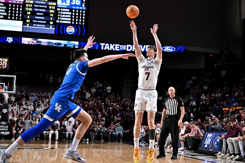Mar 3, 2026; College Station, Texas, USA; Texas A&M Aggies forward Zach Clemence (7) shoots a three point basket against the Kentucky Wildcats during the second half at Reed Arena. Mandatory Credit: Maria Lysaker-Imagn Images